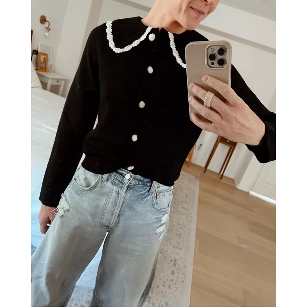 SEZANE BLOGGER Black White Fine Knit Bettany Cardigan Crochet Collared Sweater - Picture 8 of 16